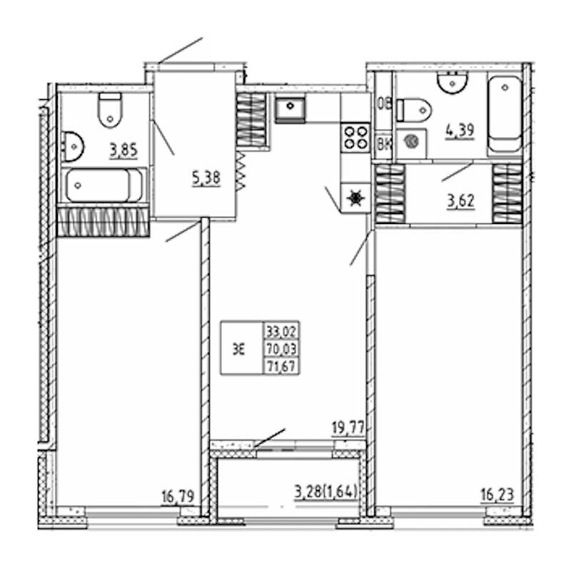 2-комнатная квартира 71.67 м², 7/12 эт., ЖК «UP! Квартал Воронцовский»